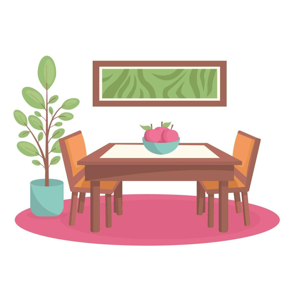 kök interiör. dining rum. dining tabell, stolar, inlagd växt, målningar. vektor grafisk.
