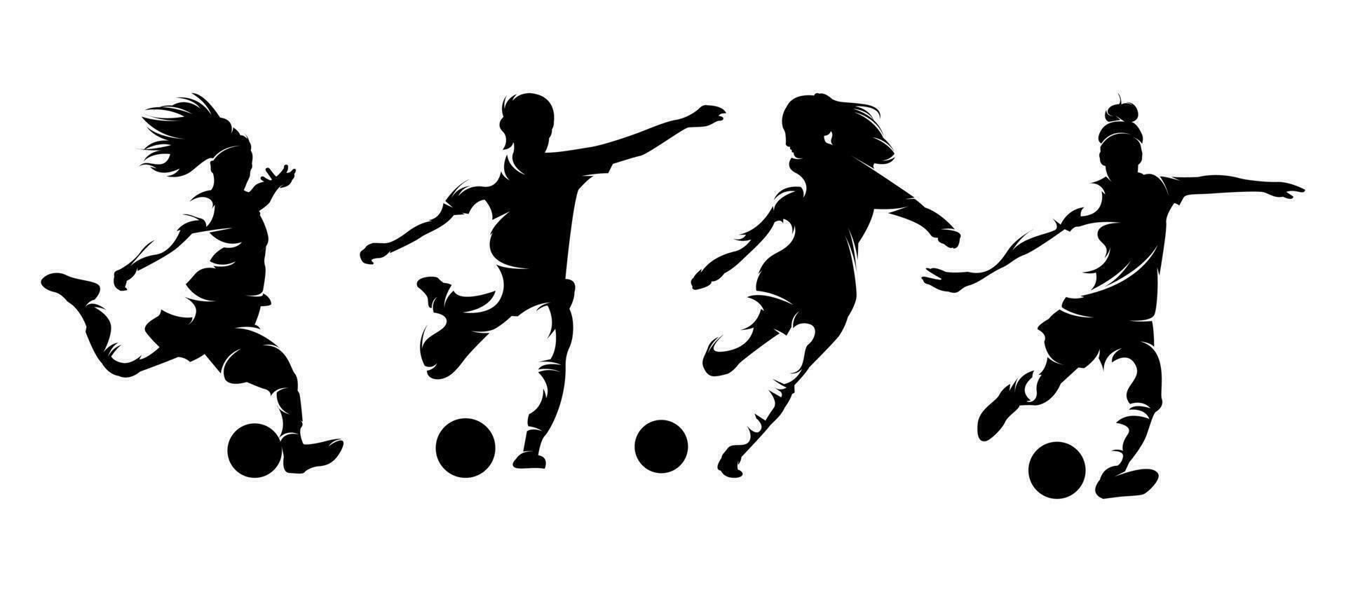 Vektor einstellen Silhouetten von weiblich Fußball Spieler treten Ball, abstrakt isoliert Vektor Silhouette, Fußballer Logo