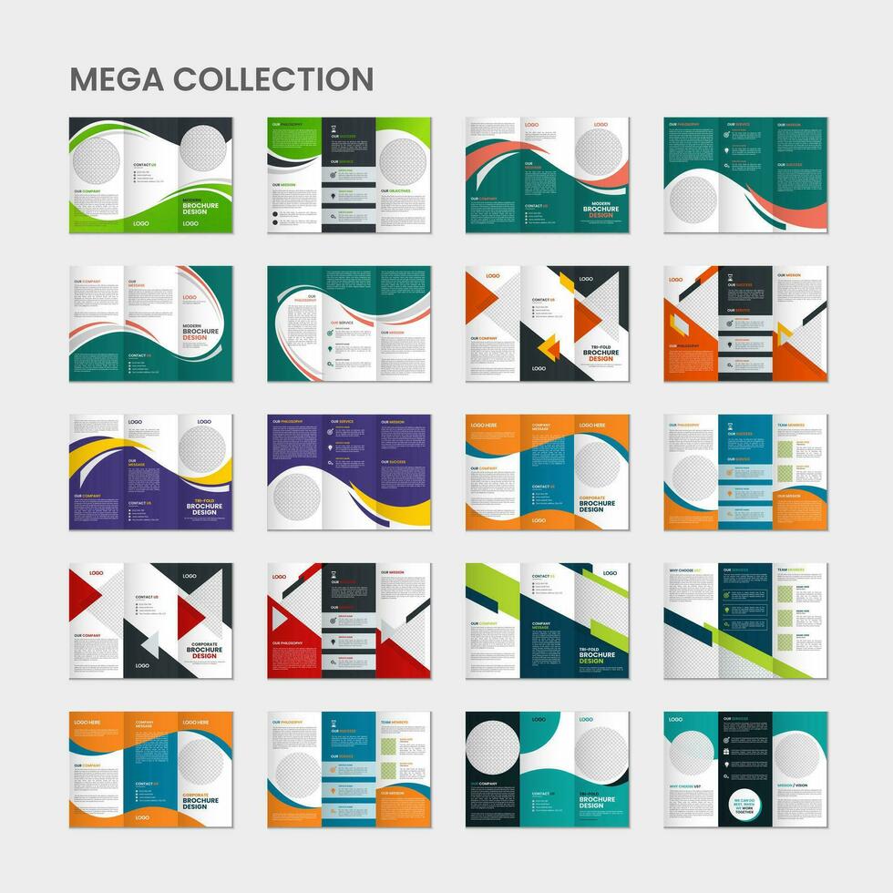 Mega Pack bunt geometrisch dreifach Broschüre Vorlage, Mega Sammlung Broschüre Design, Mega einstellen von dreifach Broschüre Vorlage Design mit Attrappe, Lehrmodell, Simulation vektor