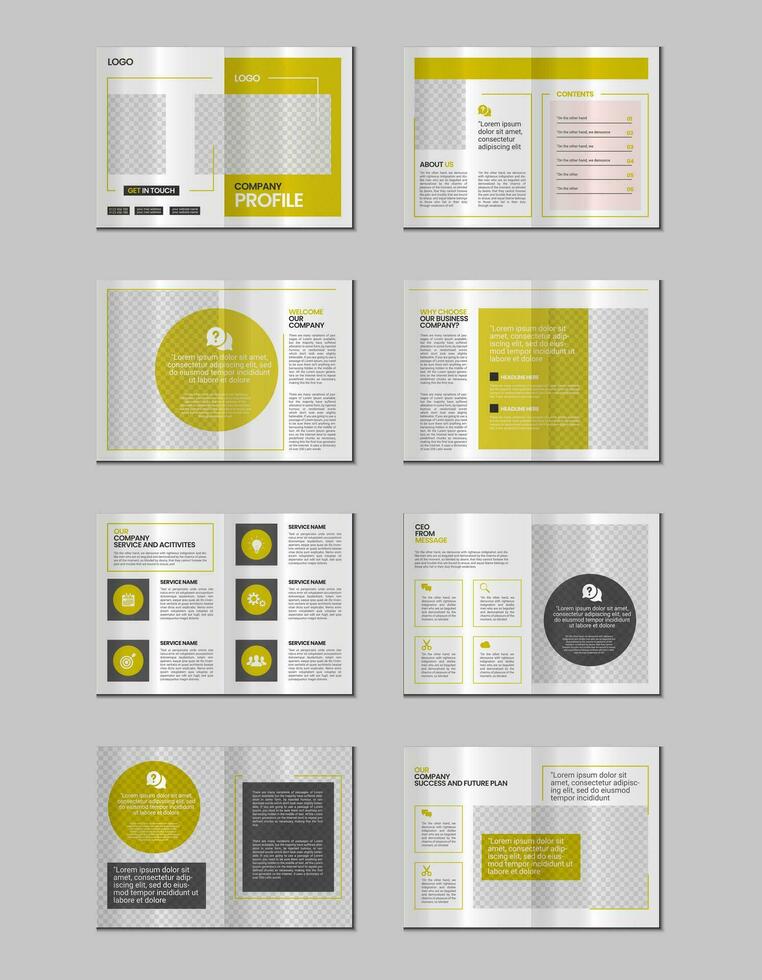 företag profil, flersida broschyr mall, inkludera omslag sida, vertikal a4 formatera presentation, landning sida, årlig Rapportera, folder, tidskrift, katalog, minimalistisk färgrik geometrisk layout design vektor