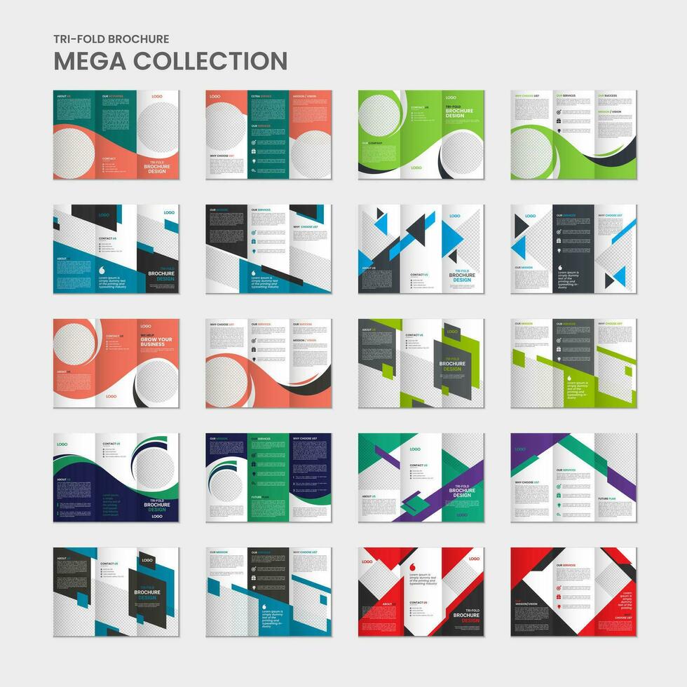 Mega Pack bunt geometrisch dreifach Broschüre Vorlage, Mega Sammlung Broschüre Design, Mega einstellen von dreifach Broschüre Vorlage Design mit Attrappe, Lehrmodell, Simulation vektor