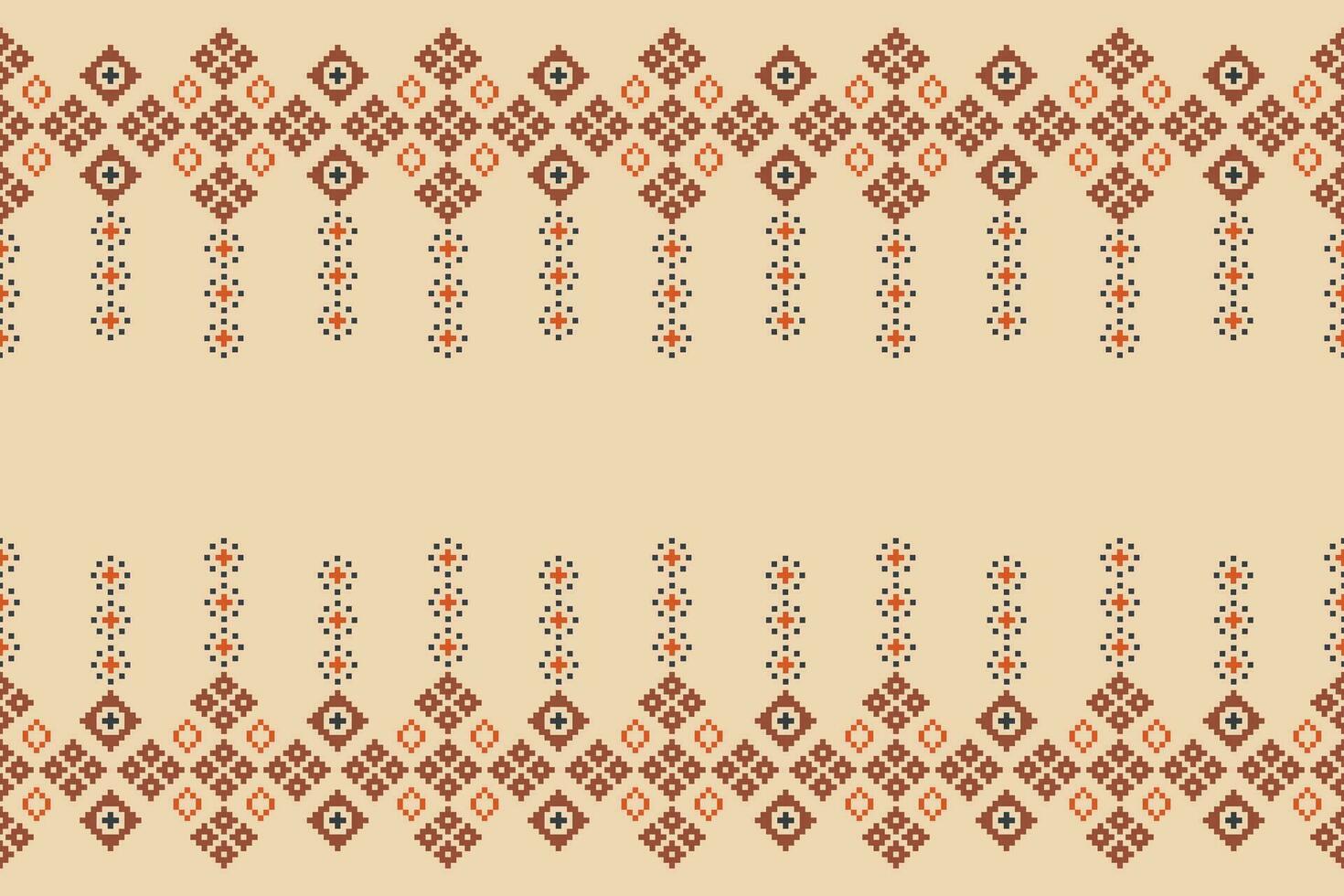 ethnisch geometrisch Stoff Muster Kreuz Stich.ikat Stickerei ethnisch orientalisch Pixel Muster braun Sahne Hintergrund. abstrakt, vektor, illustration. Textur, Rahmen, Dekoration, Motive, Seide Hintergrund. vektor