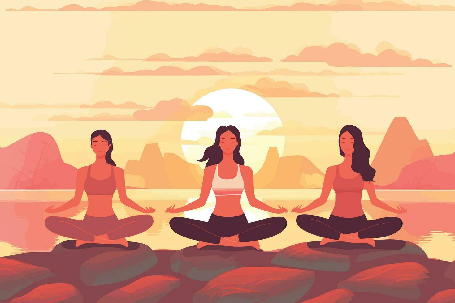 drei Mädchen tun im ein Sonnenaufgang Illustration, International Yoga Tag, Yoga Tag Banner vektor