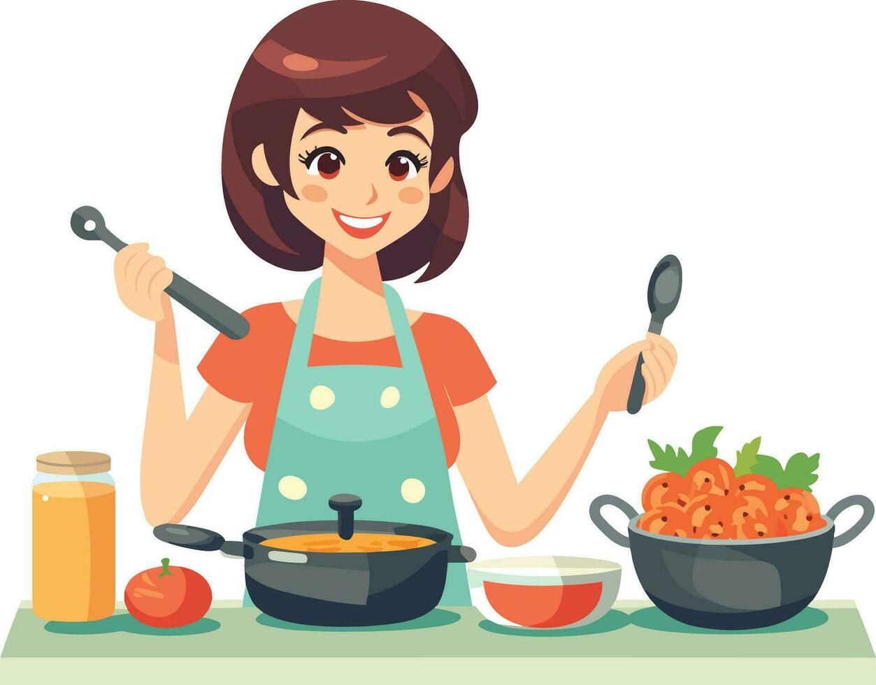 gesund Essen Frau Kochen ein nahrhaft Mahlzeit mit frisch Gemüse im ein gut ausgestattet Küche vektor