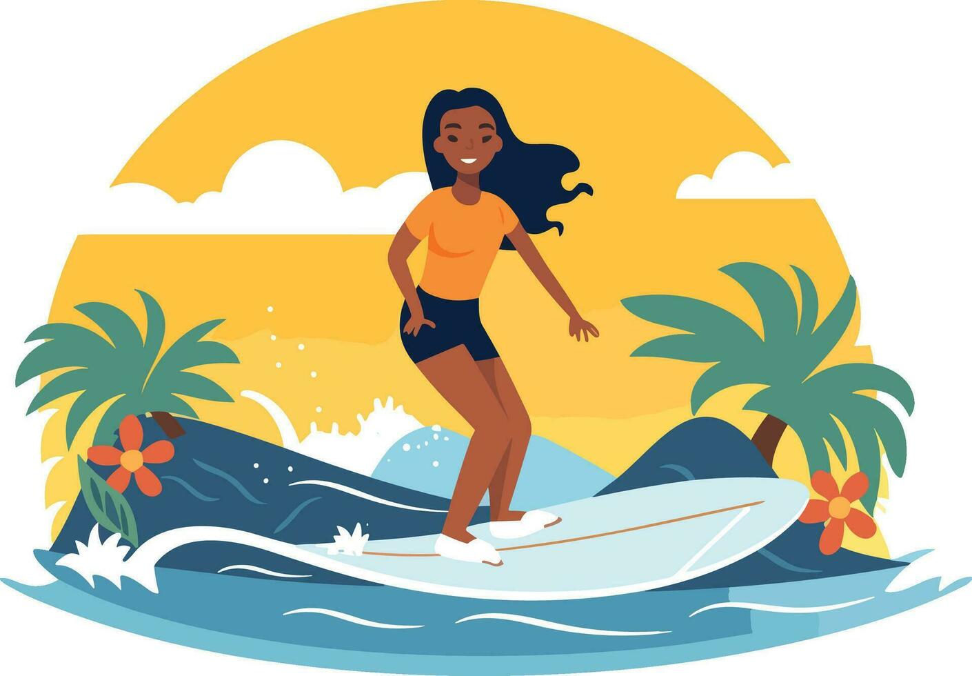 Surfen Mädchen Illustration, heiter Mädchen Surfen mit froh Ausdruck vektor