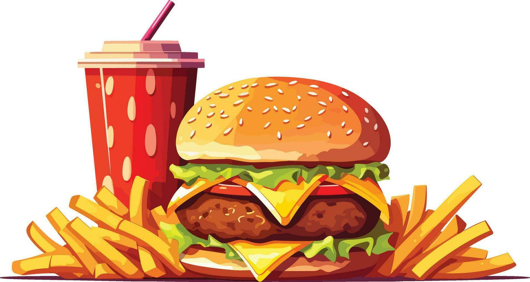 köstlich schnell Essen Snack mit Burger, Koks und frisch Gemüse auf ein Weiß Hintergrund Illustration, Burger, Koks, heiß und würzig Französisch Fritten Illustration vektor