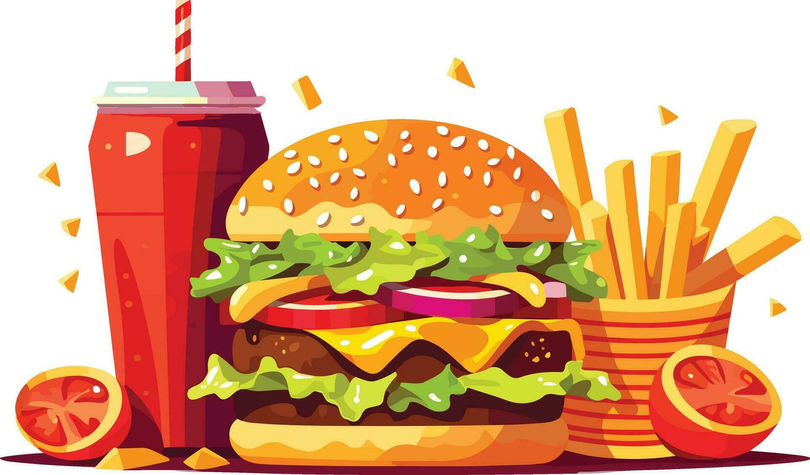 köstlich schnell Essen Snack mit Burger, Koks und frisch Gemüse auf ein Weiß Hintergrund Illustration, Burger, Koks, heiß und würzig Französisch Fritten Illustration vektor