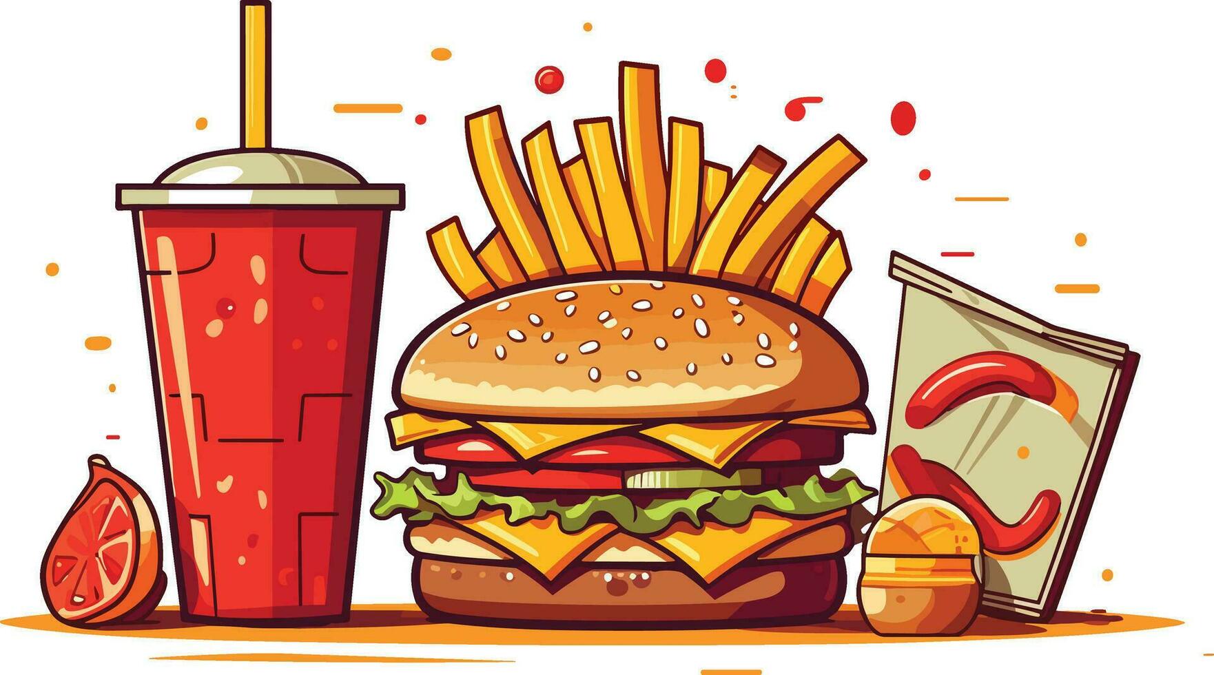 köstlich schnell Essen Snack mit Burger, Koks und frisch Gemüse auf ein Weiß Hintergrund Illustration, Burger, Koks, heiß und würzig Französisch Fritten Illustration vektor