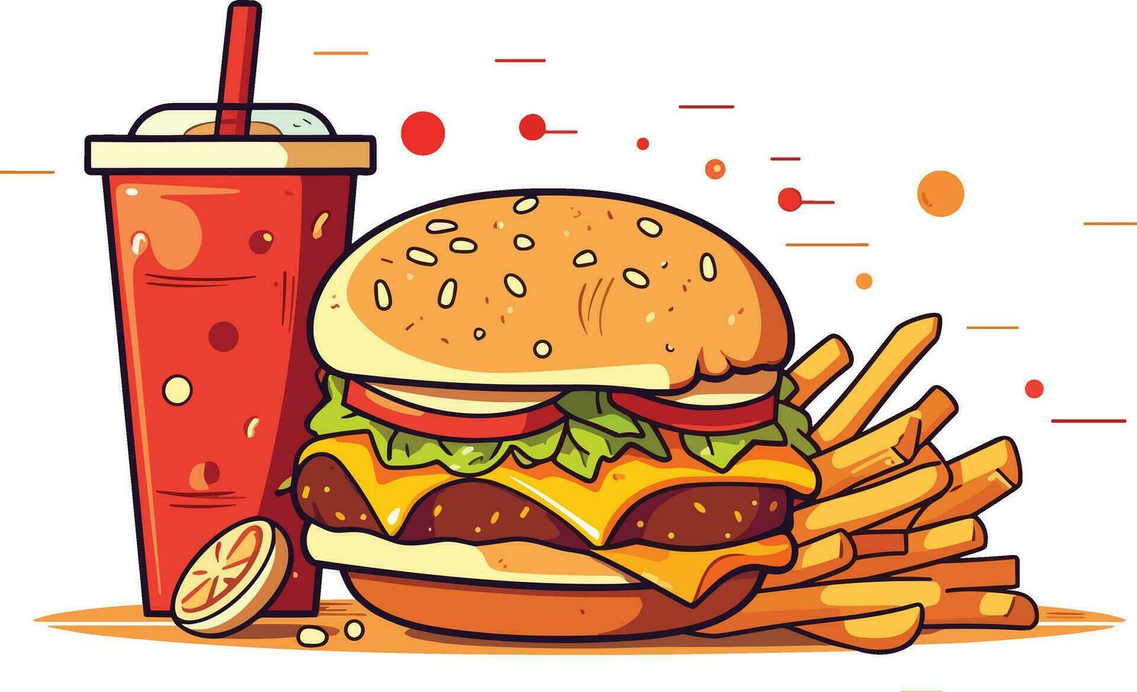 köstlich schnell Essen Snack mit Burger, Koks und frisch Gemüse auf ein Weiß Hintergrund Illustration, Burger, Koks, heiß und würzig Französisch Fritten Illustration vektor