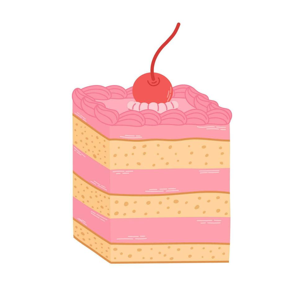 Hand gezeichnet Kuchen im retro Stil. Süss Schwamm Kuchen mit Sahne und Kirsche. Süss lecker Essen Vektor Illustration isoliert auf Weiß Hintergrund.