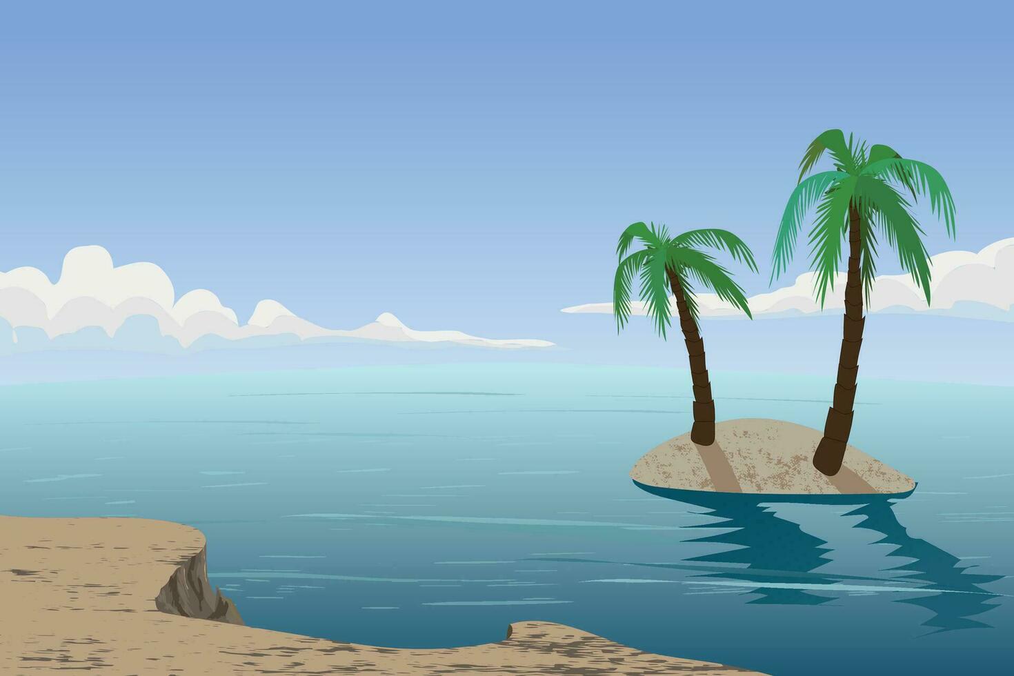 Karikatur Vektor Landschaft Hintergrund. Ozean , Meer mit Palme Baum auf das Insel