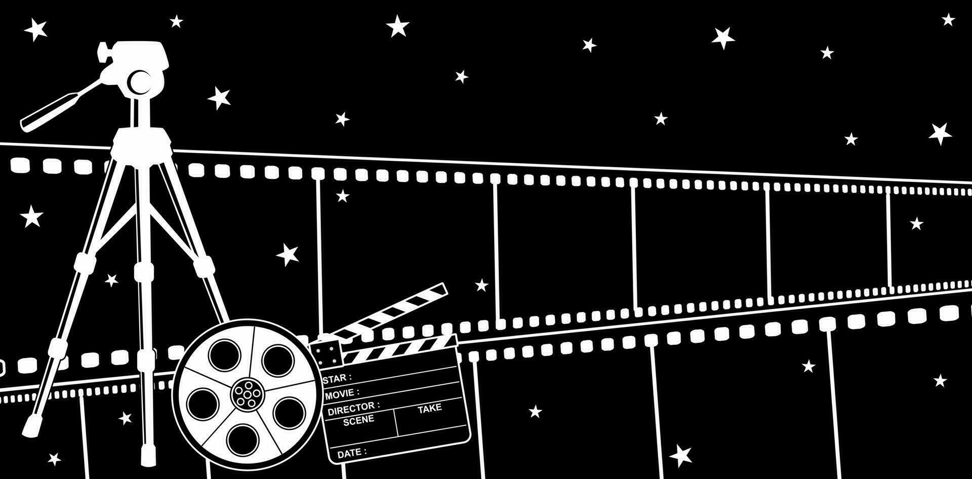 Vektor Illustration Film Kino Streifen Hintergründe mit Sterne und Kamera Spule zum Präsentationen und Decks, Anzeigen, Marketing Materialien, Digital Schnittstellen, Banner, Header, Werbung, abstrakt Tapeten