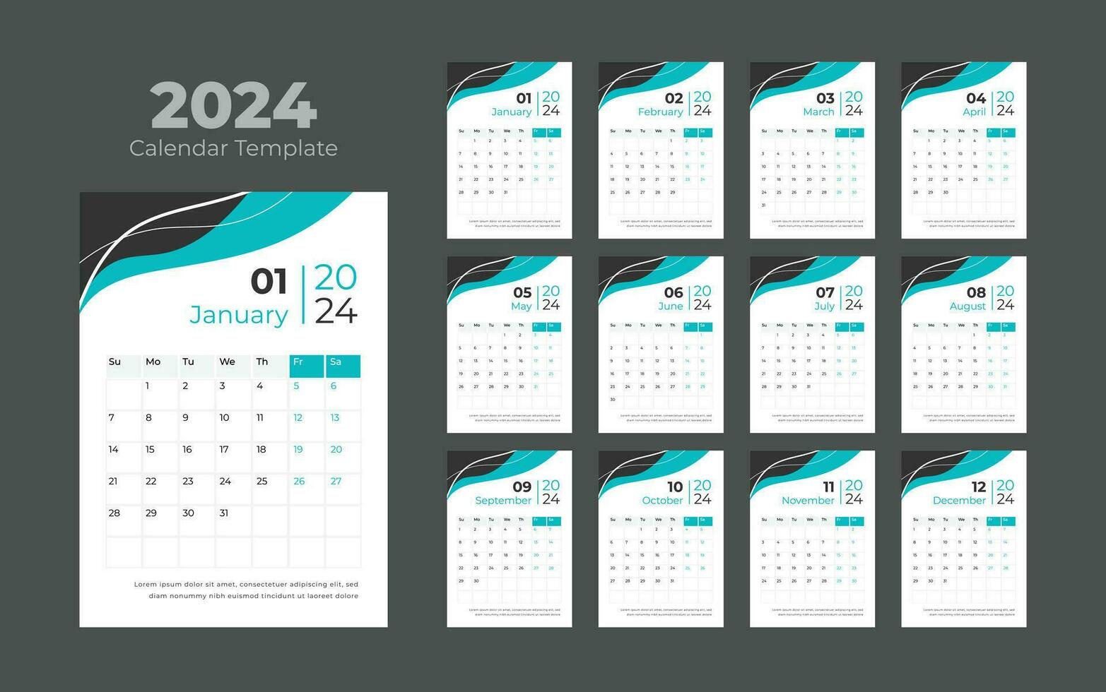 2024 vägg kalender vektor mall. företag mall vektor. vecka Start på söndag