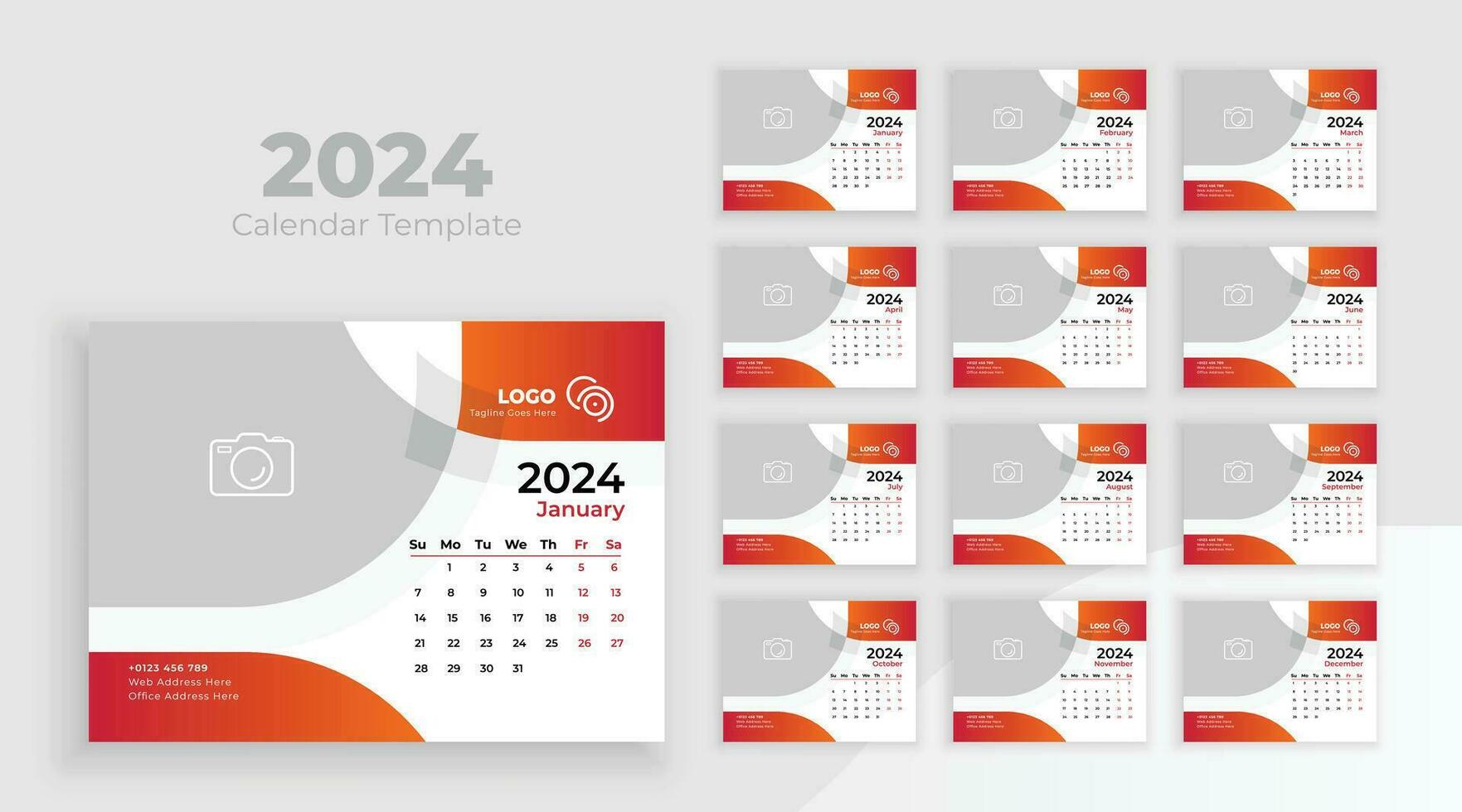 Schreibtisch Kalender Vorlage 2024. Woche beginnt von Sonntag, minimalistisch Schreibtisch Kalender 2024 Vorlage, Planer, Geschäft Vorlage Vektor