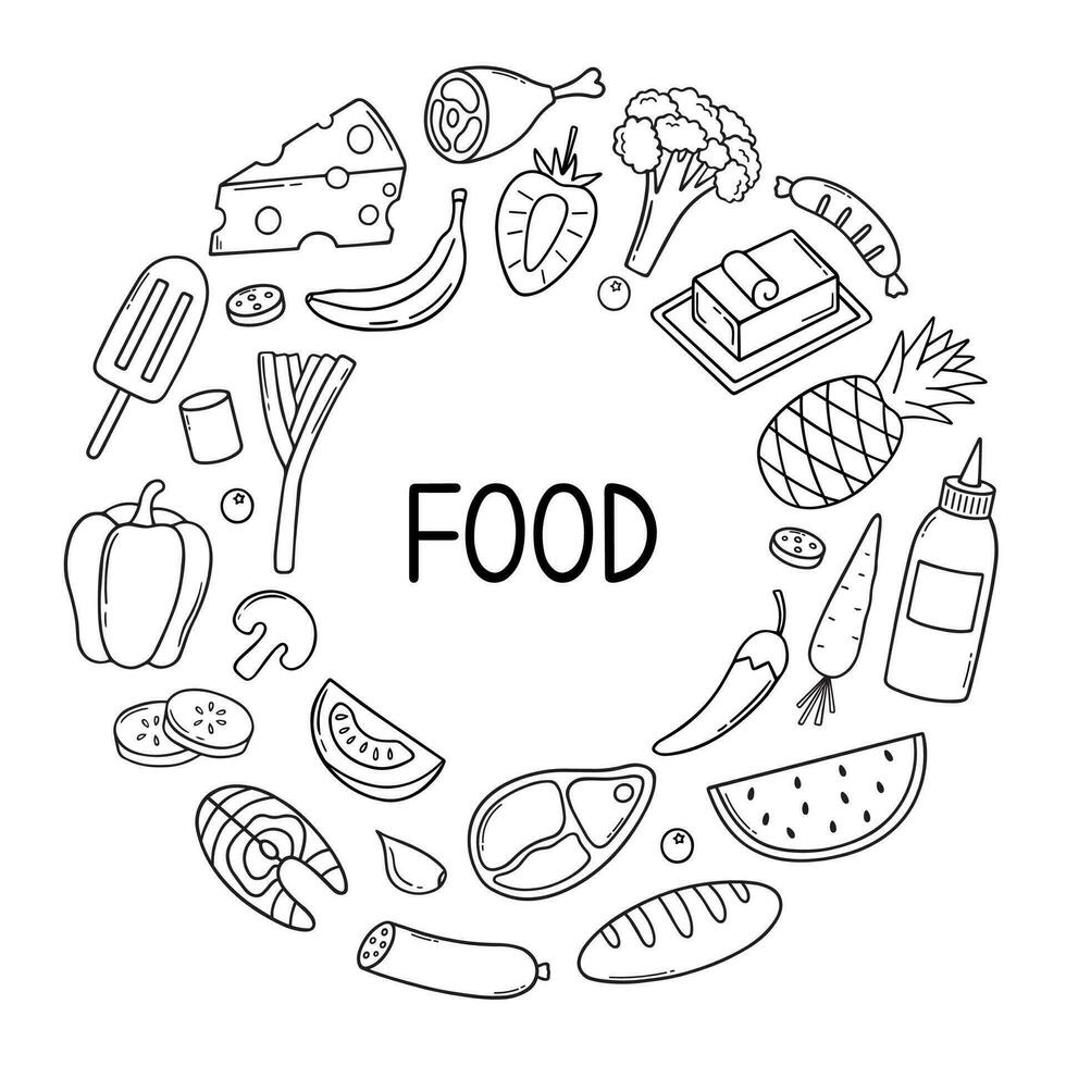 Essen Zutat Gekritzel Satz. Früchte, Gemüse, Süßigkeiten, Bäckerei, schnell Essen im skizzieren Stil. Hand gezeichnet Vektor Illustration isoliert auf Weiß Hintergrund