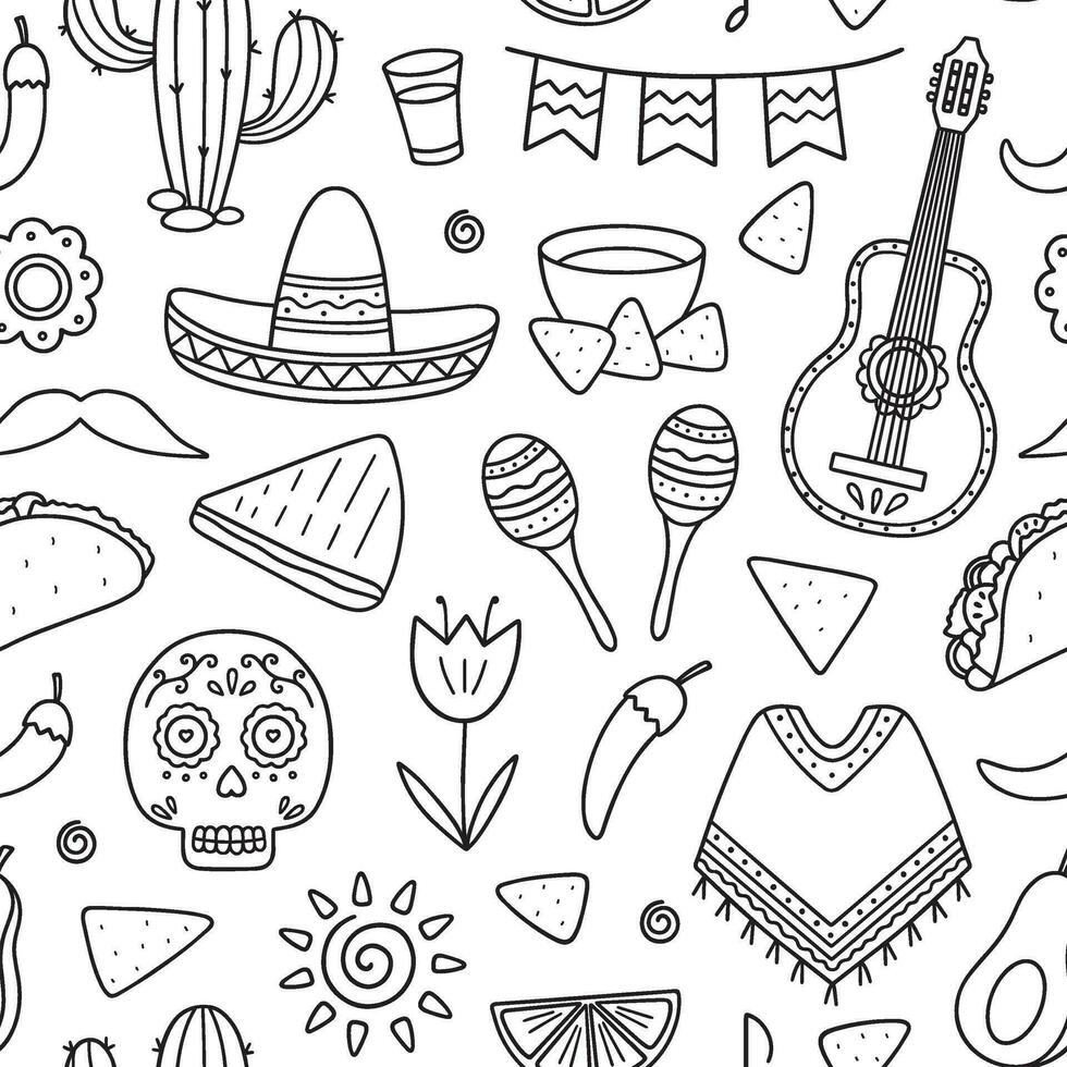 sömlös mönster av mexico klotter. element av mexikansk kultur. maracas, poncho, kaktus, taco, burrito i skiss stil. hand dragen vektor illustration