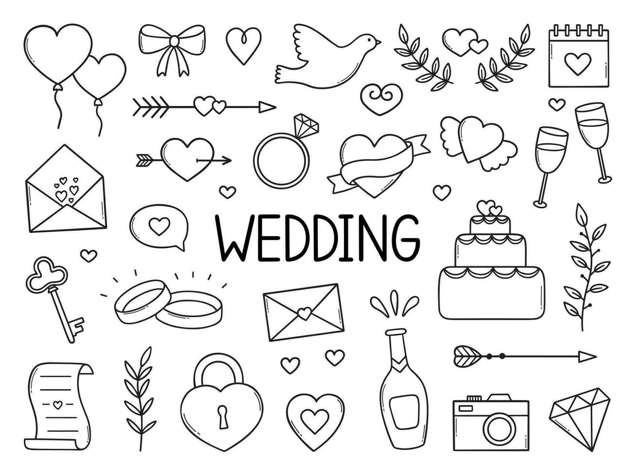 bröllop klotter uppsättning. äktenskap symboler. ringar, duva, champagne, hjärtan i skiss stil. hand dragen vektor illustration isolerat på vit bakgrund