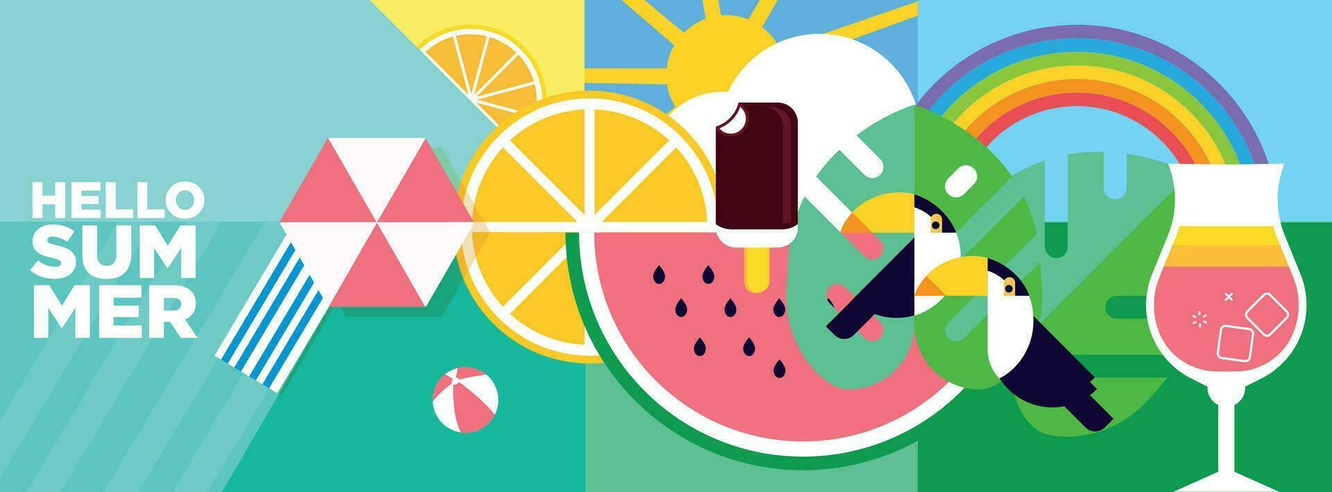 Hej sommar. vektor illustration begrepp för hemsida design, bakgrund, social media baner, resa och Semester annonser, försäljning befordran, affisch, marknadsföring material, sommar kort, fest inbjudan.