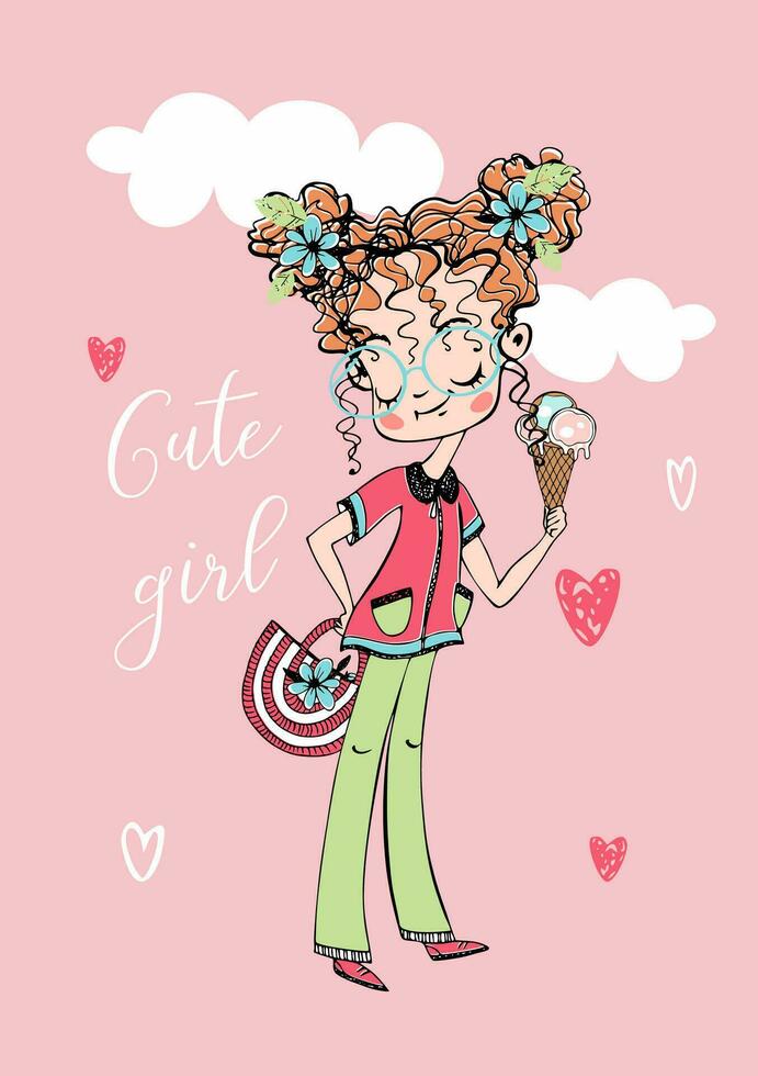 stilvoll modisch süß Teen Mädchen mit Eis Creme. Vektor Illustration.