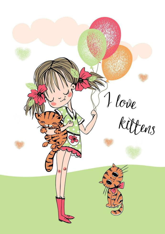 söt flicka med en kattungar och ballonger. vektor illustration.