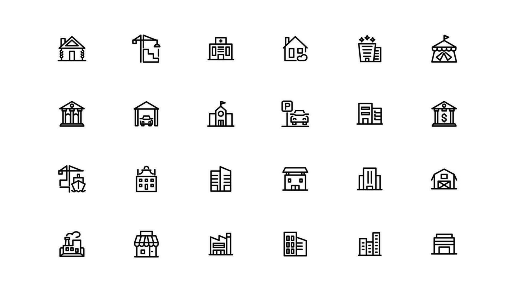 uppsättning av byggnad ikoner, sådan som stad, lägenhet, bostadsrätt, stad. översikt ikoner samling. vektor