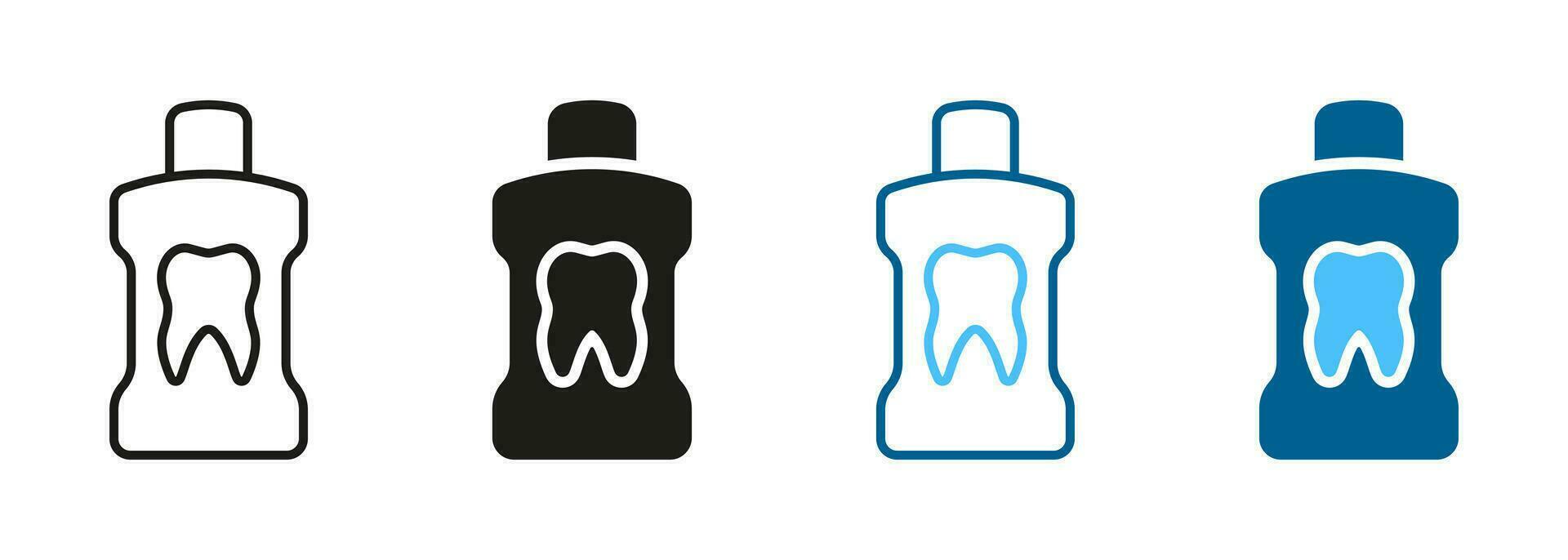 mun tvätta flaska för rena och friskhet symbol. tandvård oral Skölj. munvatten silhuett och linje ikon uppsättning. dental hygien svart och Färg piktogram. isolerat vektor illustration.