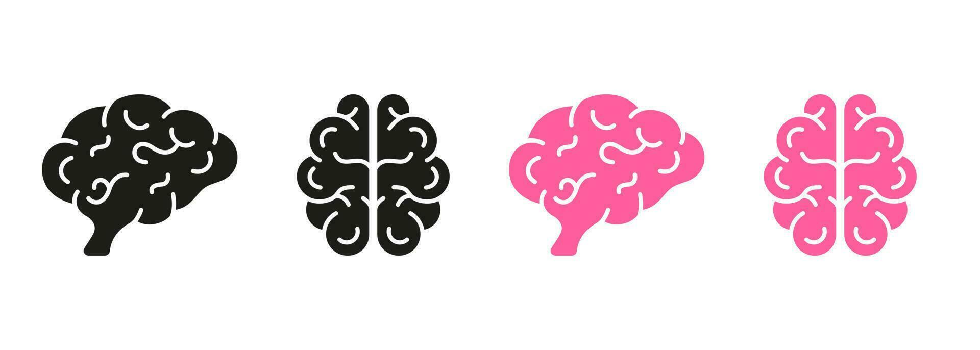 spåna symbol samling på vit bakgrund. mänsklig hjärna linje och silhuett Färg ikon uppsättning. minne, sinne, intelligens, psykologi, neurologi, kunskap piktogram. isolerat vektor illustration.