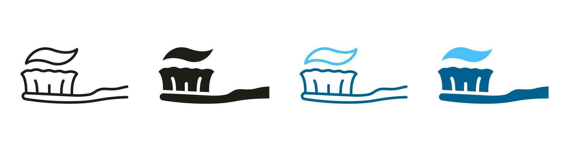 Zahn Hygiene Silhouette und Linie Symbol Satz. Zahnbürste mit Zahnpasta. Zähne Pflege Ausrüstung Symbol. Oral hygienisch, Hygiene Zubehörteil schwarz und Farbe Piktogramm. isoliert Vektor Illustration.