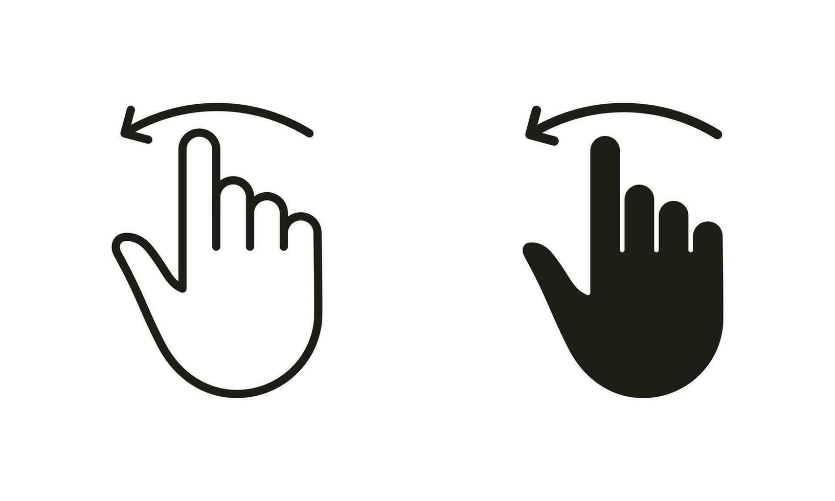 Geste gleiten, wischen links Symbol Sammlung auf Weiß Hintergrund. Hand Finger ziehen links Linie und Silhouette schwarz Symbol Satz. Prise Bildschirm, drehen berühren Bildschirm Piktogramm. isoliert Vektor Illustration.