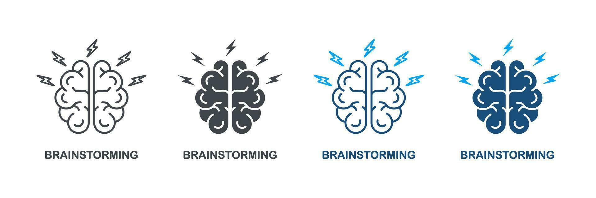 spåna silhuett och linje ikon uppsättning. mänsklig hjärna med blixt, brainstorming begrepp piktogram. tror handla om kreativ aning symbol samling. intellektuell bearbeta. isolerat vektor illustration.