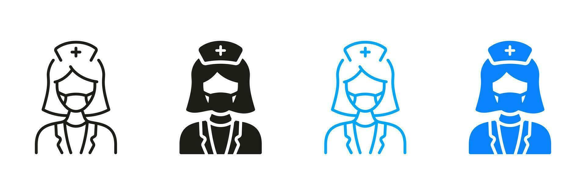 Arzt, Kieferorthopäde, Endodontist Piktogramm Sammlung. Dental Arzt Frau im Gesicht Maske Silhouette und Linie Symbol Satz. weiblich Zahnarzt, der Chirurg schwarz und Farbe unterzeichnen. isoliert Vektor Illustration.