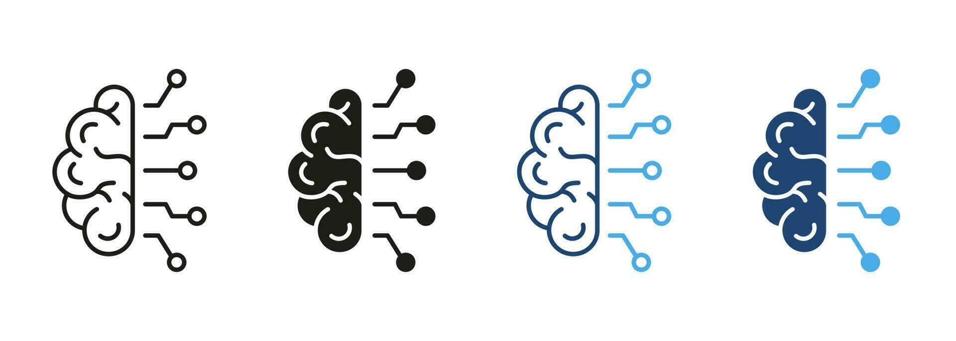 ai innovation begrepp linje och silhuett Färg ikon uppsättning. mänsklig hjärna, nätverk chip teknologi piktogram. artificiell intelligens symbol samling på vit bakgrund. isolerat vektor illustration.