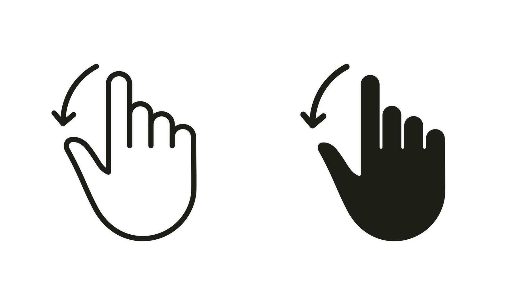 Hand Finger ziehen Nieder Linie und Silhouette schwarz Symbol Satz. Prise Bildschirm, wischen und drehen berühren Bildschirm Piktogramm. Geste rutschen Nieder Symbol Sammlung auf Weiß Hintergrund. isoliert Vektor Illustration.