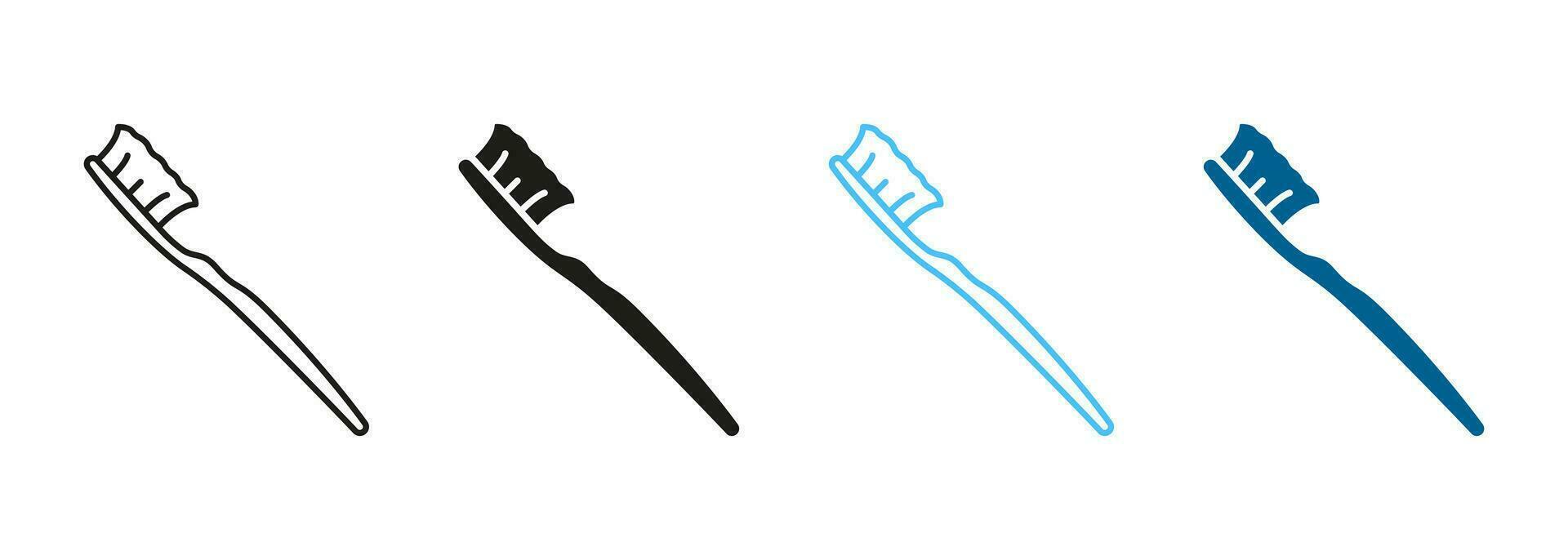 tandborste silhuett och linje ikon uppsättning. tand vård Utrustning Färg och svart piktogram. oral hygienisk och hälsa verktyg tecken. dental dagligen hygien tillbehör symbol. isolerat vektor illustration.