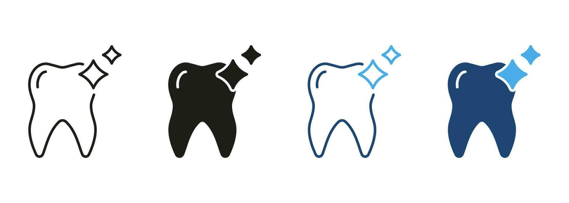 Mensch Zahn scheinen Linie und Silhouette Farbe Symbol Satz. Oral Hygiene, glänzend sauber Zähne Piktogramm. Dental Behandlung Symbol Sammlung auf Weiß Hintergrund. Zahnheilkunde unterzeichnen. isoliert Vektor Illustration.