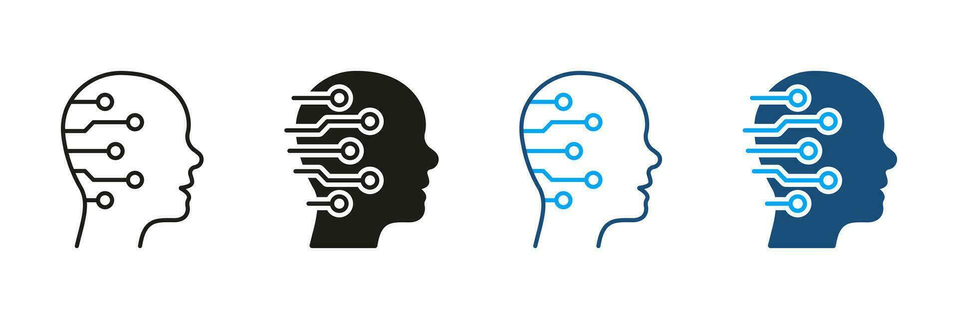 Digital Technologie und künstlich Intelligenz Piktogramm. Technik Wissenschaft Innovation schwarz und Farbe Symbol Sammlung. Mensch Kopf mit Schaltkreis Silhouette und Linie Symbol Satz. isoliert Vektor Illustration.