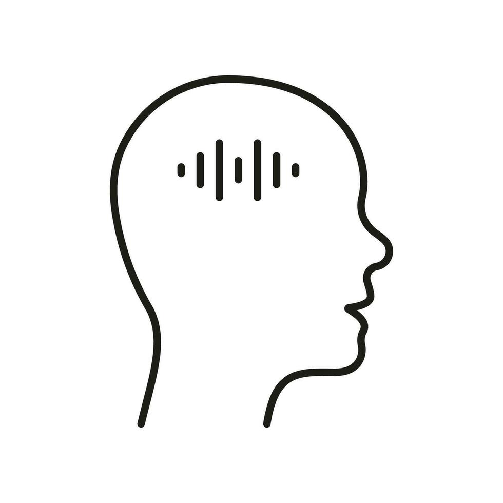 röst i mänsklig huvud linje ikon. själv prata, man tänkande linjär piktogram. lyssna till inre röst vågor översikt symbol. mental ljud, inre dialog. redigerbar stroke. isolerat vektor illustration.