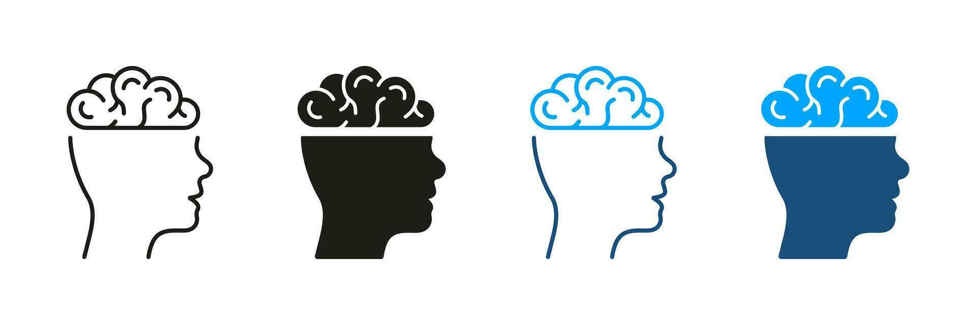 mänsklig hjärna silhuett och linje ikoner uppsättning. sinne, intelligens svart och Färg symbol samling. psykologi, medicinsk neurologi, mänsklig huvud. kunskap, minne. isolerat vektor illustration.