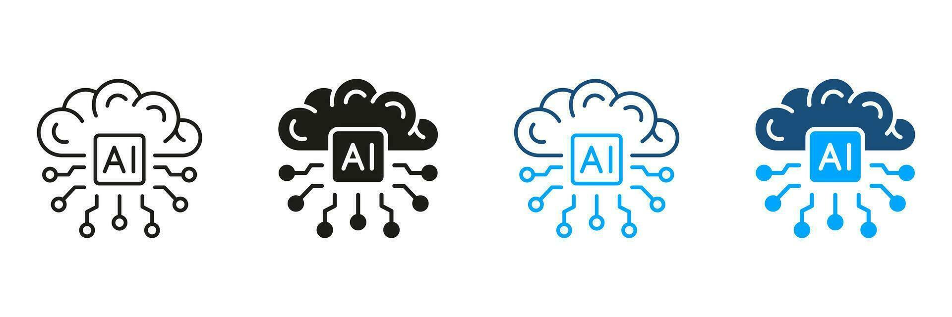 digital teknologi begrepp. tech vetenskap svart och Färg symbol samling. artificiell intelligens silhuett och linje ikoner uppsättning. mänsklig hjärna med krets piktogram. isolerat vektor illustration.