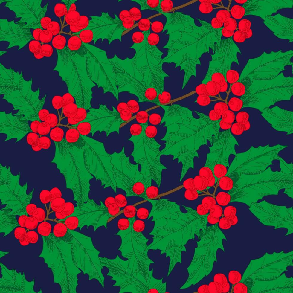Weihnachten nahtlos Muster mit Stechpalme Geäst auf Blau Hintergrund. zum Gruß Karten, Verpackung Papiere. Vektor Illustration