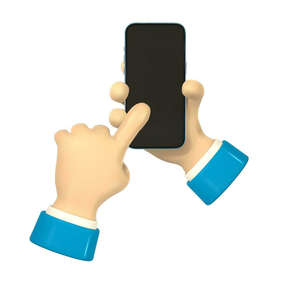 Karikatur Charakter Hände mit Clever Telefon, Scrollen oder suchen zum etwas. 3d machen Hand Geschäftsmann im Anzug. Vektor Illustration