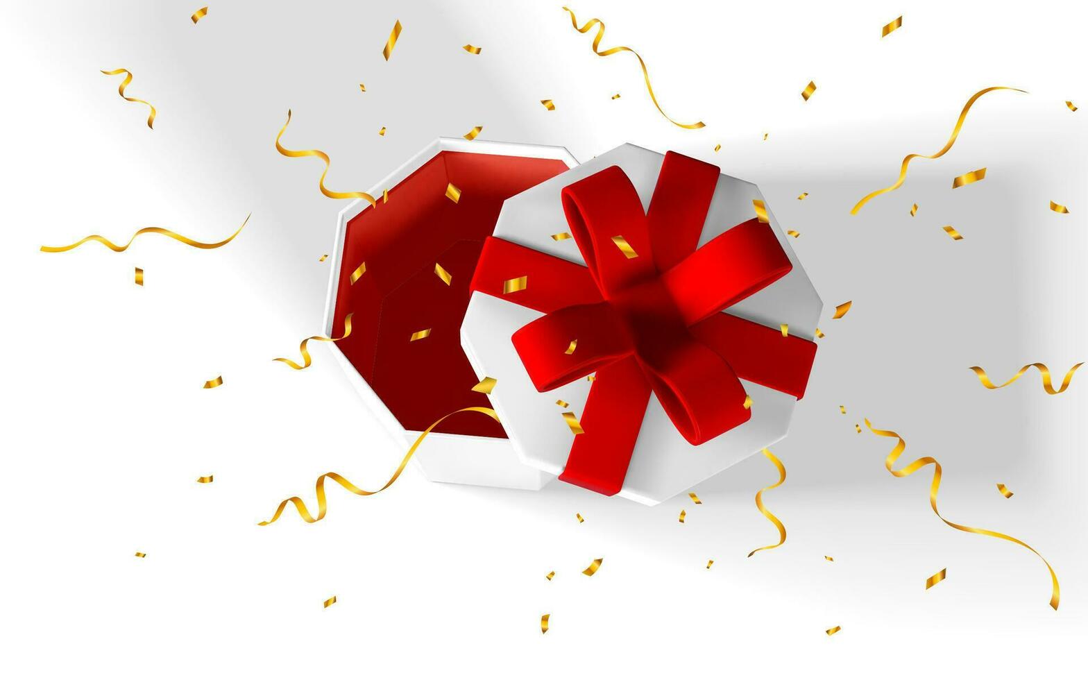 3d machen realistisch öffnen Geschenk Box mit Konfetti. Weiß öffnen Papier Box mit rot Bogen und Band isoliert auf Weiß Hintergrund. Vektor Illustration