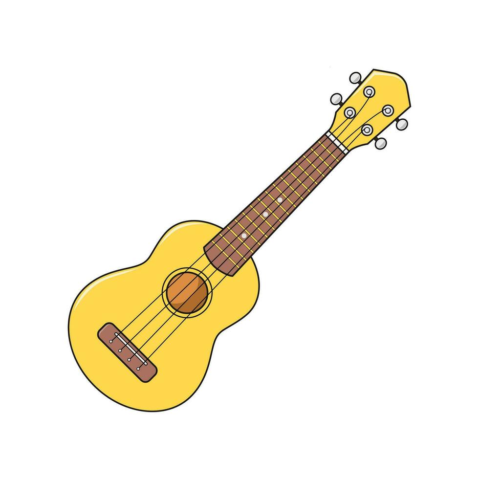 gul ukulele isolerat på vit bakgrund, vektor illustration, ukulele klassisk retro stil i Semester sommar begrepp, små gitarr