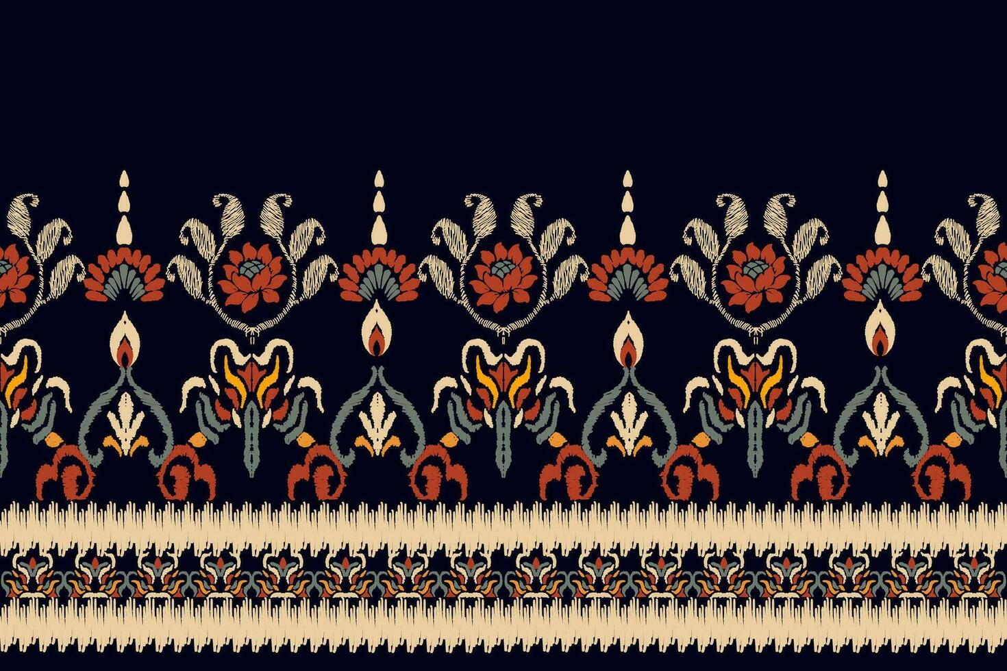 nahtlos Muster von Ikat, traditionell nahtlos Muster, schwarz Hintergrund, aztekisch Stil, Stickerei, abstrakt, Vektor, Design Illustration zum Textur, Stoff, drucken. vektor