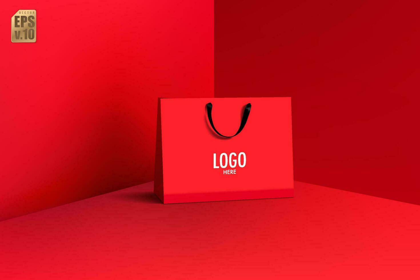 rot Papier Tasche und schwarz Griff realistisch Vektor Design. leer Logo zum einfügen Ihre Branding. Sie können benutzt zum Marketing online, Verkauf, Präsentationen Layout, Werbung, Beförderung Kampagne, drucken Anzeige.
