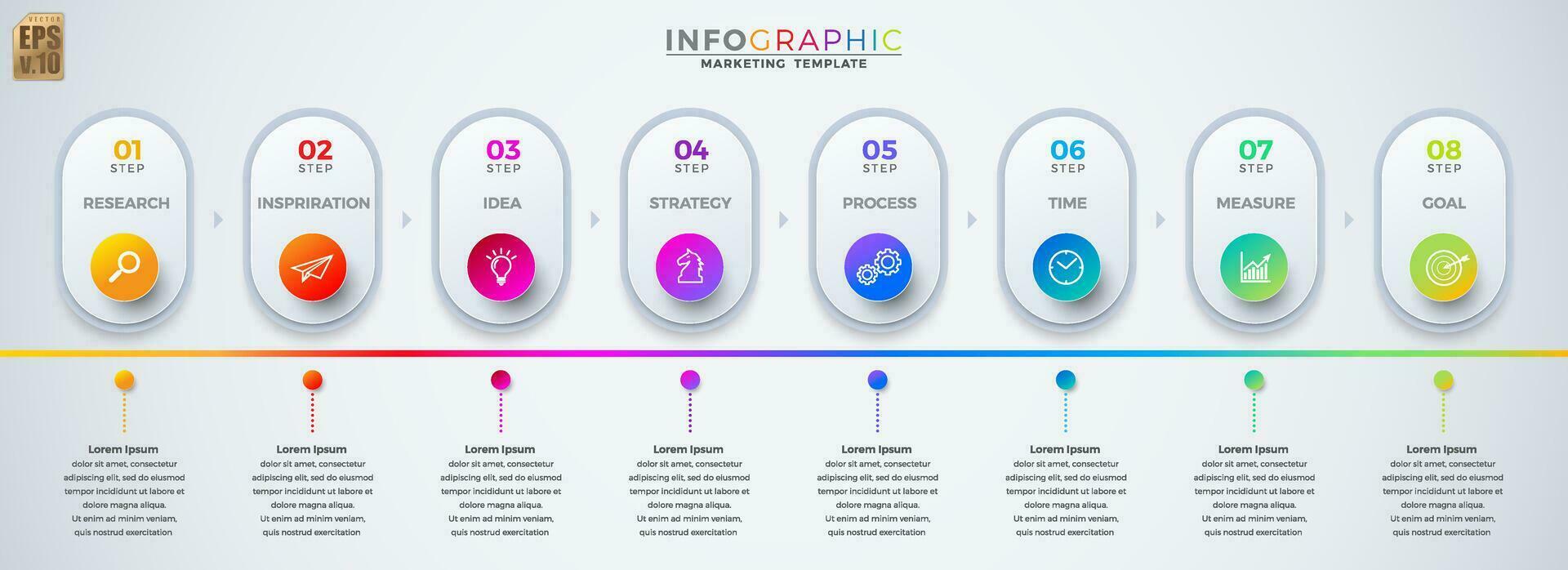 infographic vektor företag marknadsföring mall färgrik design cirkel ikoner 8 alternativ isolerat i minimal stil. du kan Begagnade för marknadsföring bearbeta, arbetsflöde presentationer layout, strömma Diagram, skriva ut ad