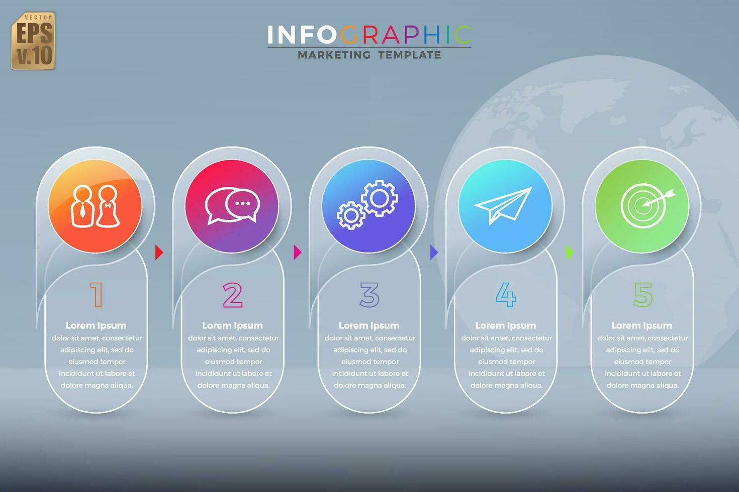 Infografik Geschäft Marketing bunt Vorlage Vektor Design runden Symbole 5 Optionen oder Schritte im Glas Transparenz Stil auf grau Hintergrund. Sie können benutzt zum Marketing Verfahren, Arbeitsablauf Präsentation