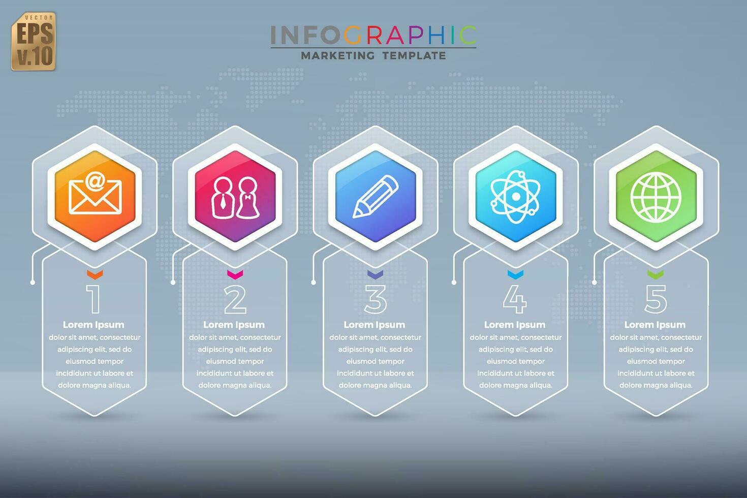 Infografik Vektor Geschäft Marketing Design glänzend Hexagon Symbole bunt Vorlage. 5 Optionen im Glas Transparenz. Sie können benutzt zum Marketing Verfahren, Arbeitsablauf Präsentationen Layout, fließen Diagramm.