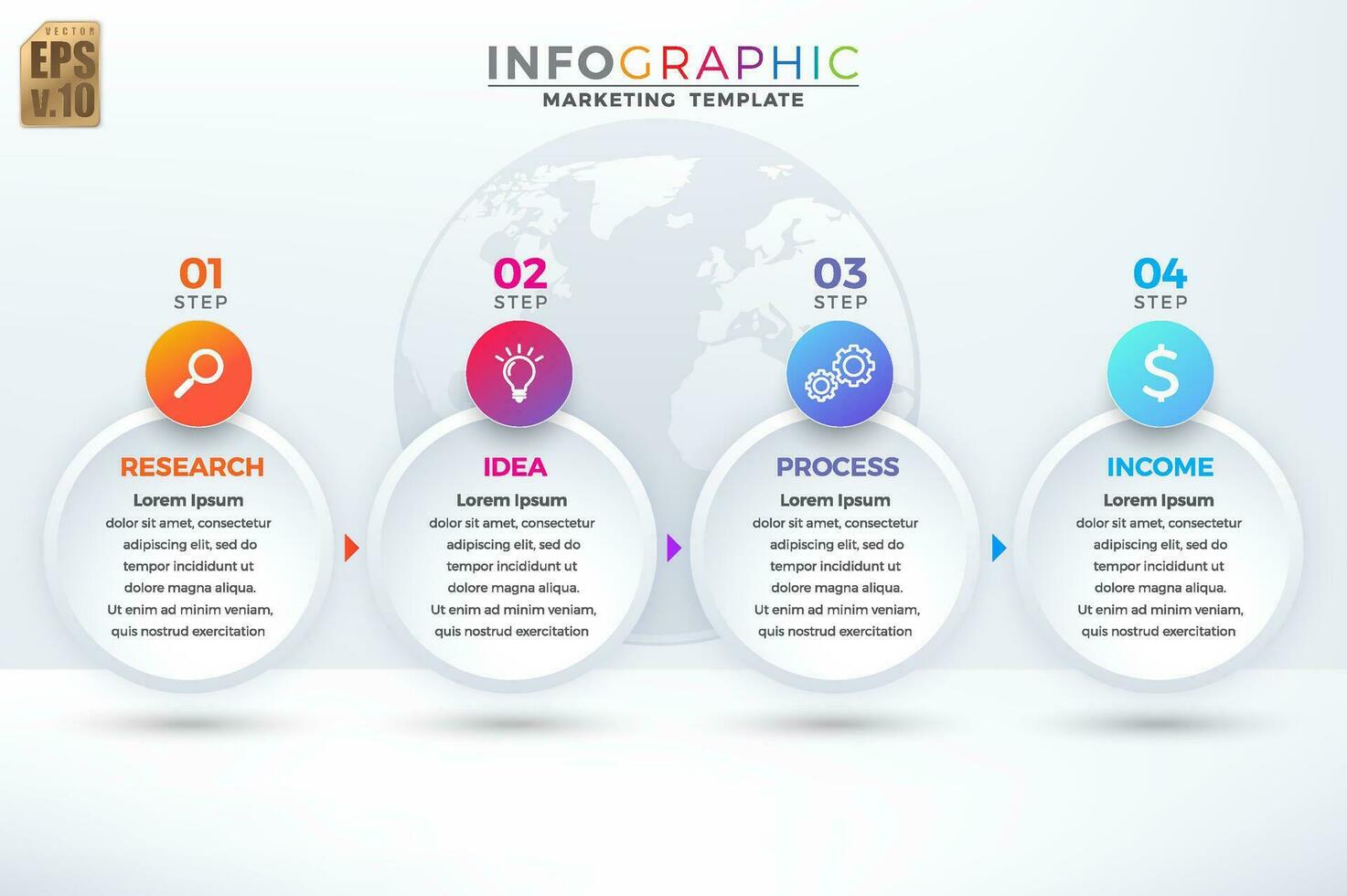 infographic vektor företag marknadsföring mall färgrik design cirkel ikoner 4 alternativ isolerat i minimal stil på klot. du kan Begagnade för marknadsföring bearbeta, arbetsflöde presentationer layout, strömma Diagram.