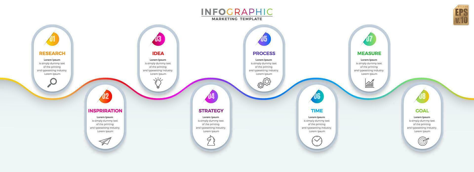 infographic marknadsföring mall färgrik vektor design runda hörn ikoner 8 alternativ eller steg i minimal stil. du kan Begagnade för marknadsföring bearbeta, arbetsflöde presentationer layout, strömma Diagram, skriva ut annons.